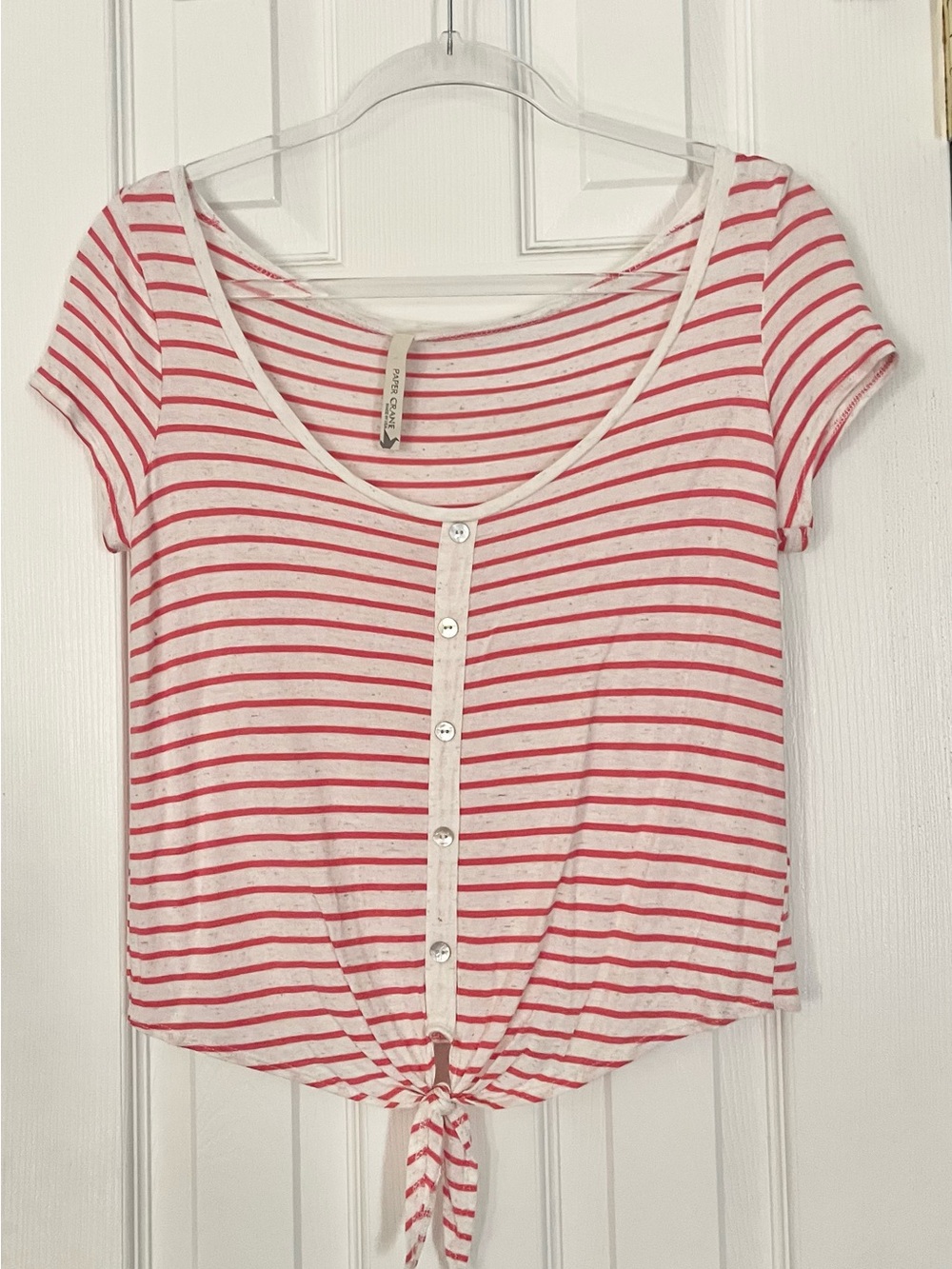 Paper Crane Striped Tie-Front Top White & Red - Size Medium
